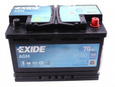 Акумулятор START-STOP AGM (278×175×190), 70Ач, 760А, R+ EXIDE EK700