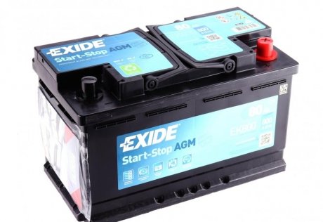 Акумулятор START-STOP AGM (315×175×190), 80Ач, 800А, R+ EXIDE EK800